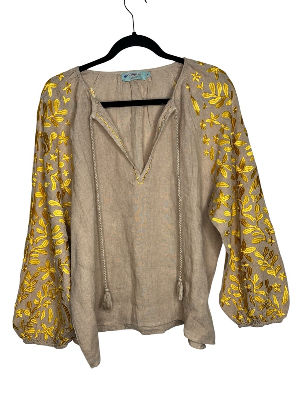 Mersea Voyager Linen Gold Embroidered Pesant Oversized Tan Blouse Med Lagenlook